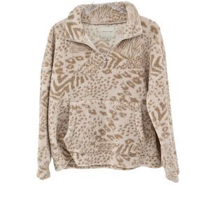 AMERICAN EAGLE Jacket Women Sz M Tan Animal Print Sherpa Fleece 1/4 Zip Pullover